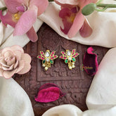 Vriksham Lotus Floral Kundan Jadau Press Bugadi-Red White & Green-Pearls-J3773